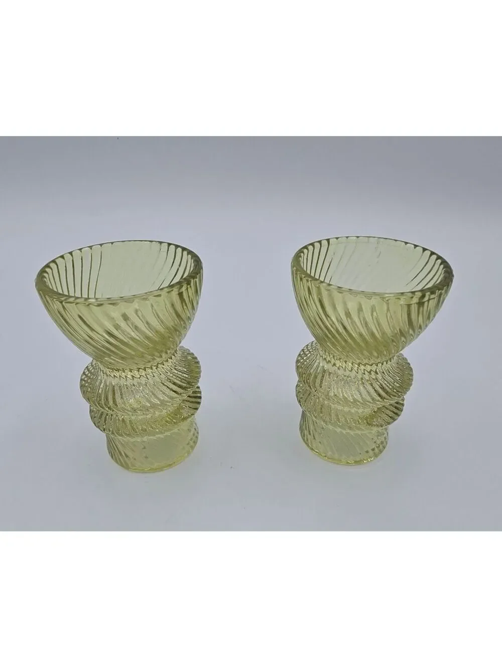 Vintage Green Glass Reversible Candle Holders Pair Spiral Ribbed 3